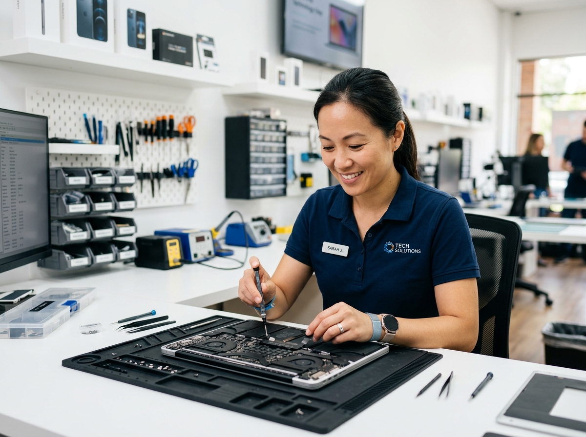 Técnico profesional reparando un MacBook en taller limpio y moderno